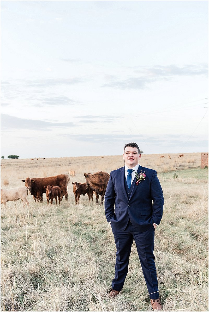 groom with cows in backgroud
