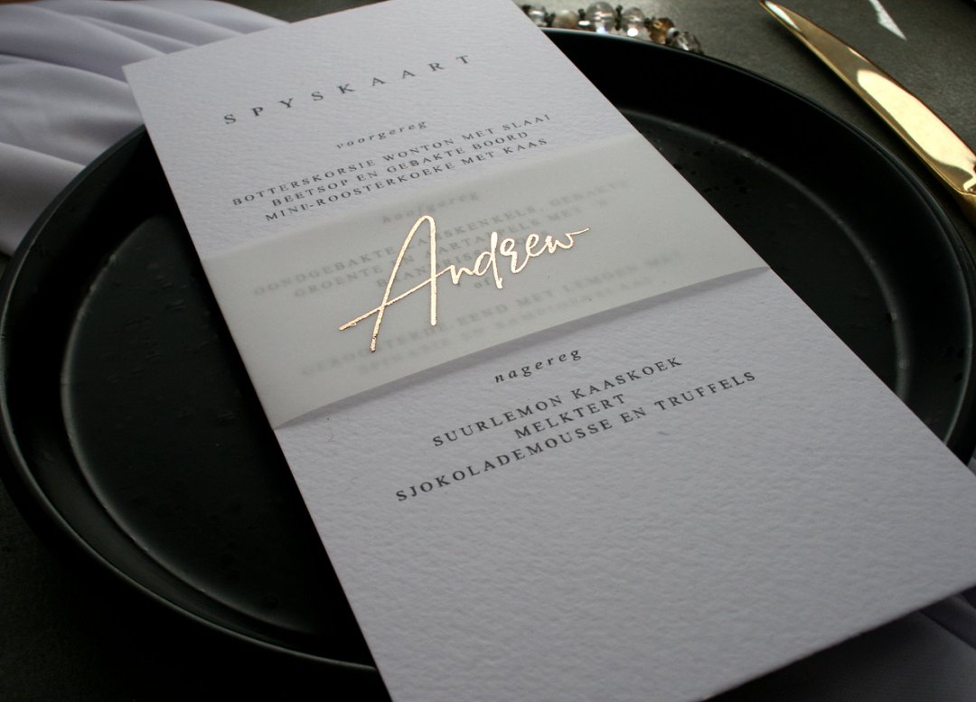Texture white, black and gold wedding menu