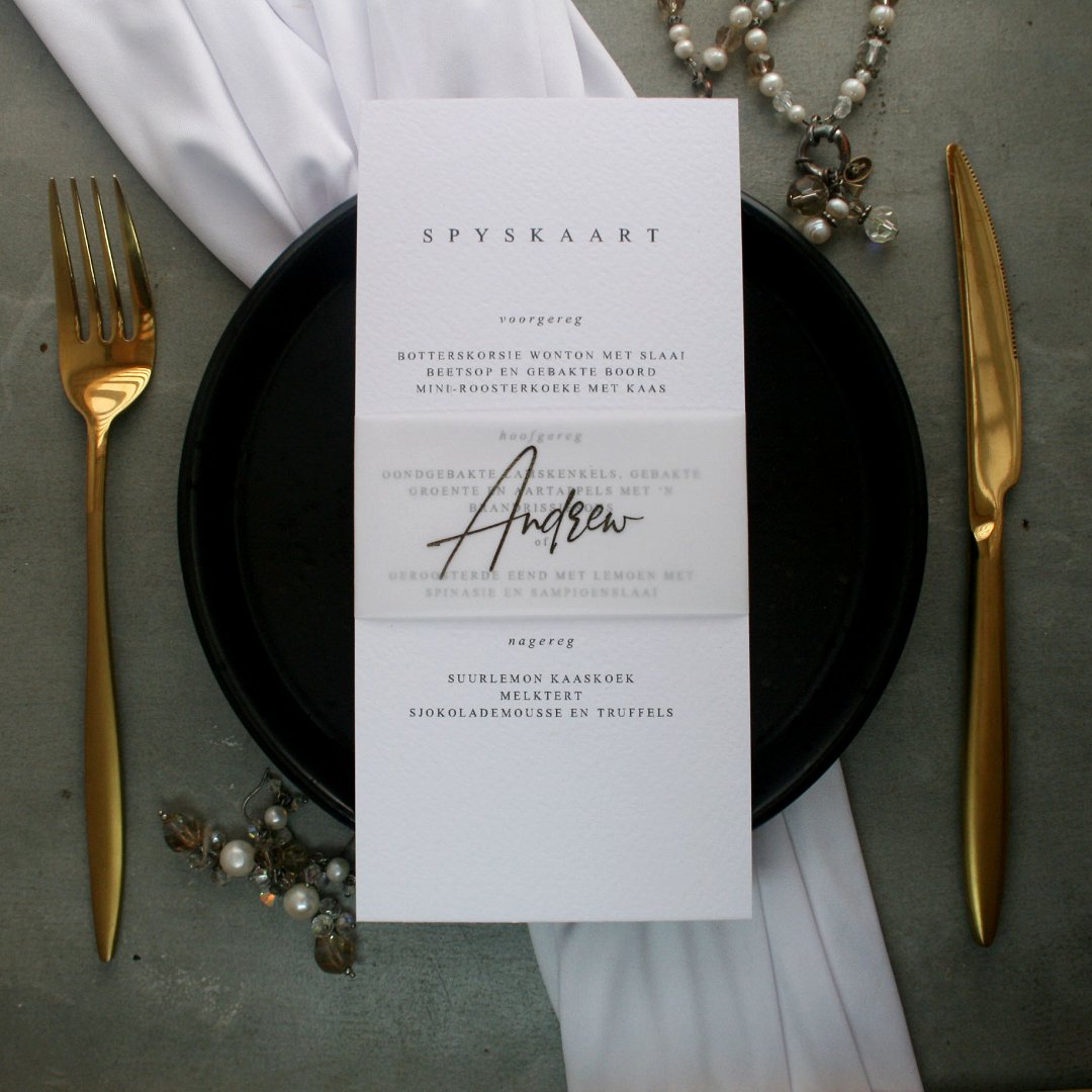 Texture white, black and gold wedding menu