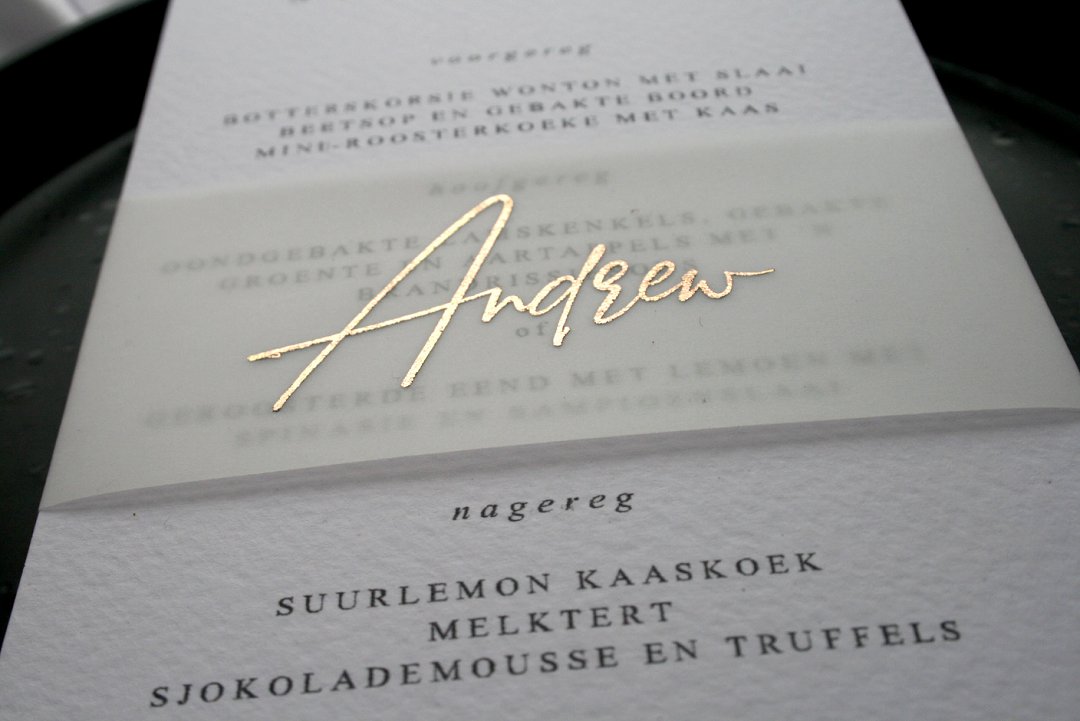 Texture white, black and gold wedding menu