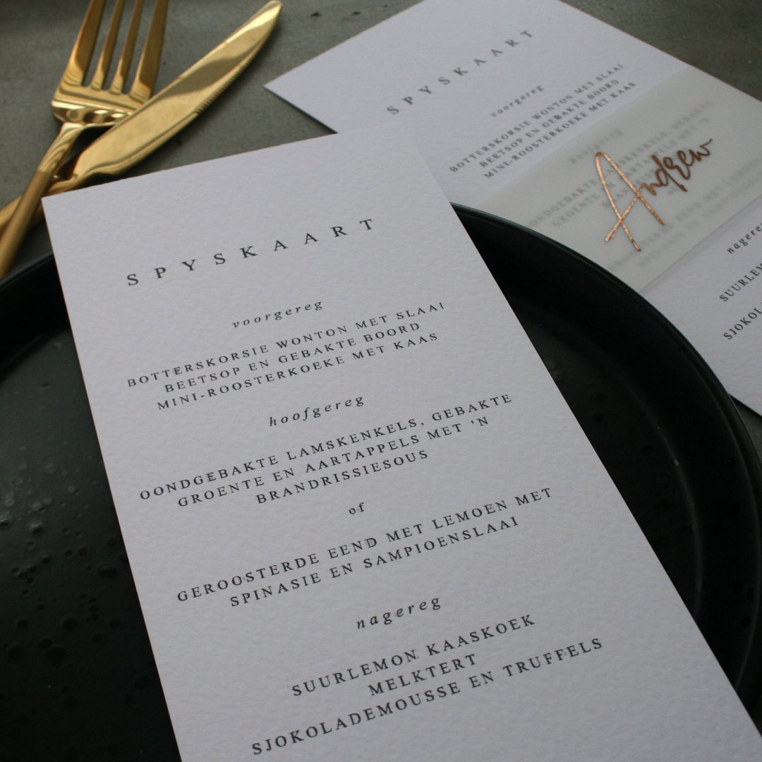 Texture white, black and gold wedding menu