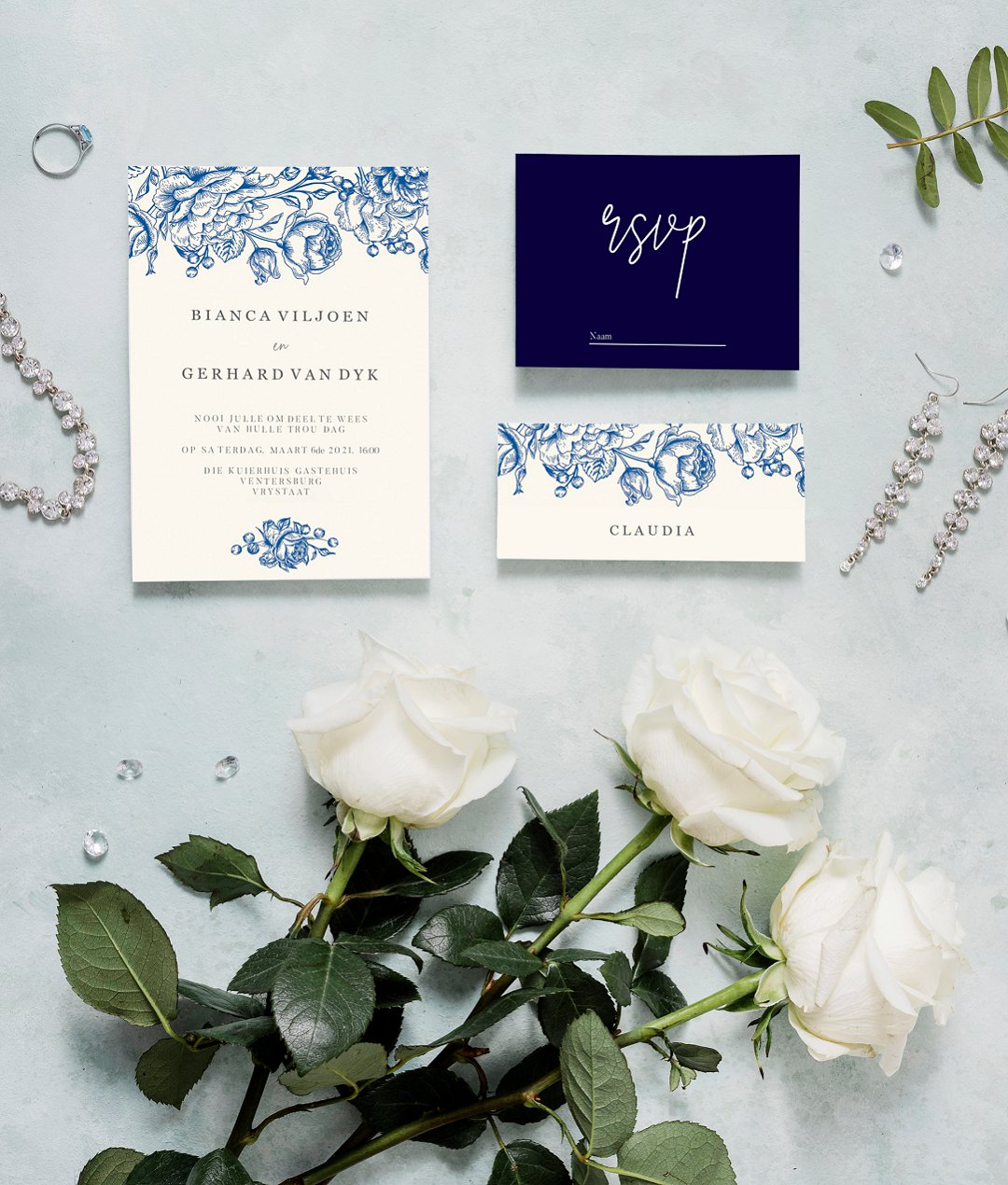 Navy Blue Flower Illustration wedding stationery