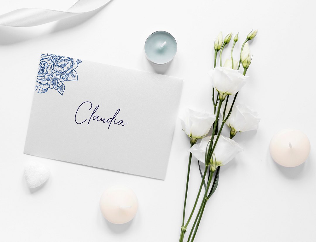 Navy Blue Flower Illustration wedding stationery