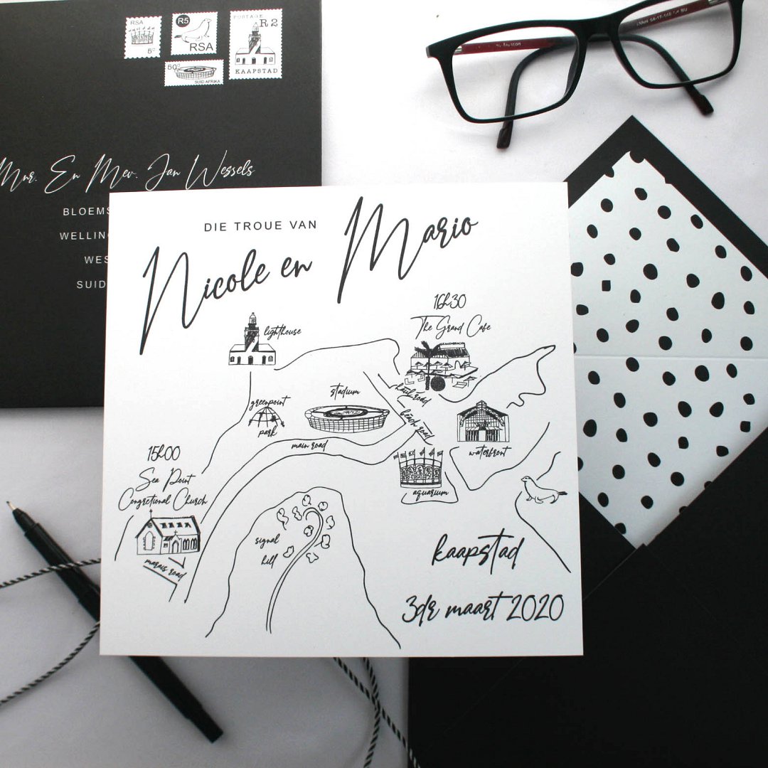 Swart & Wit Trou Padkaart Uitnodiging