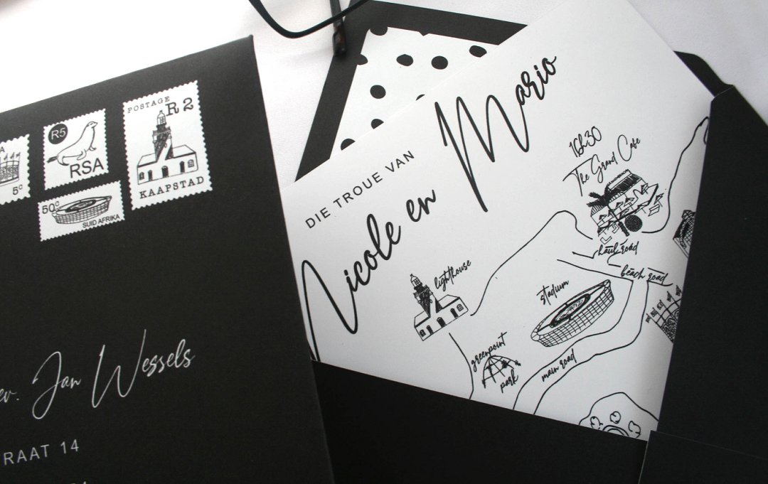 Swart & Wit Trou Padkaart Uitnodiging