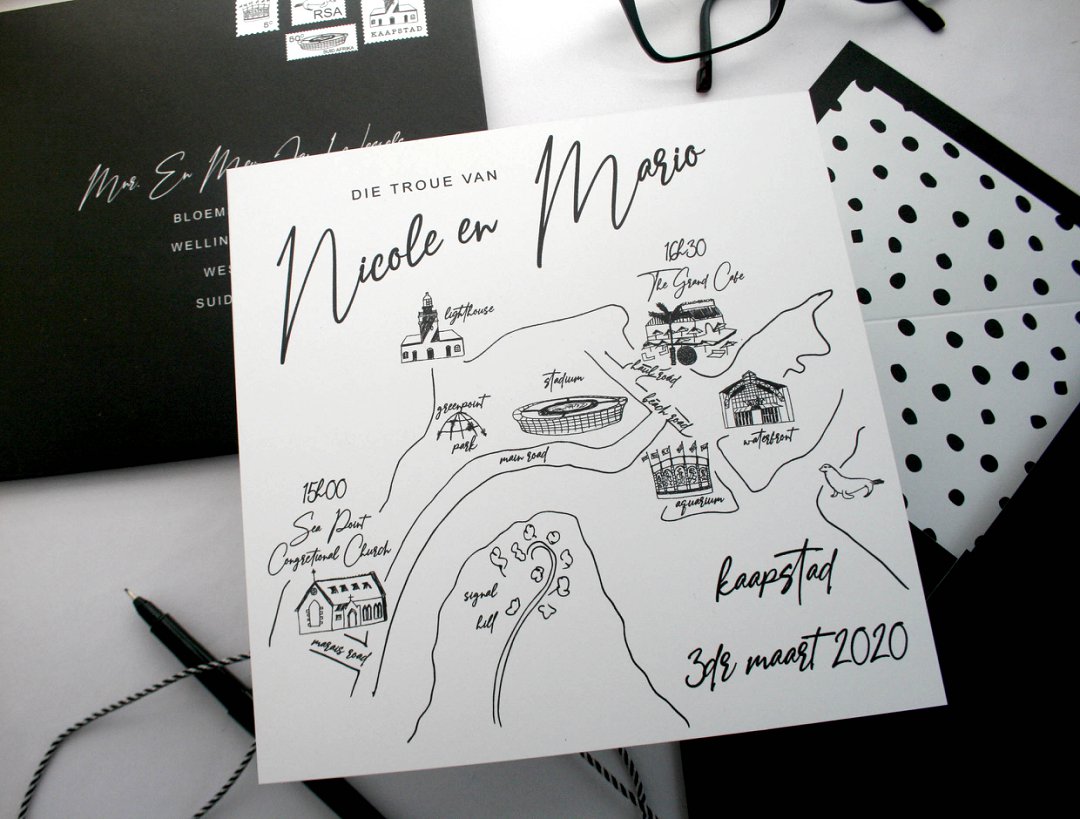 Swart & Wit Trou Padkaart Uitnodiging