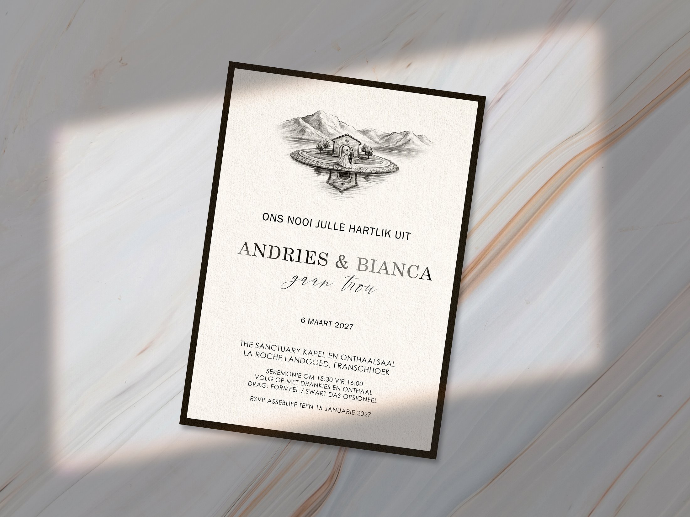 Minimalistiese Houtskool Trou Uitnodiging geïnspireer deur Franschhoek